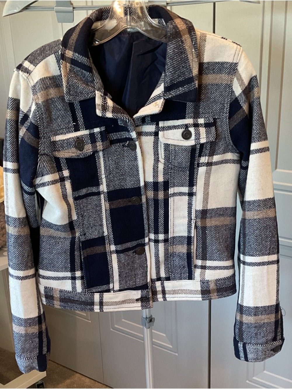 Stoosh Navy, Cream & Tan Plaid Bomber Jacket
